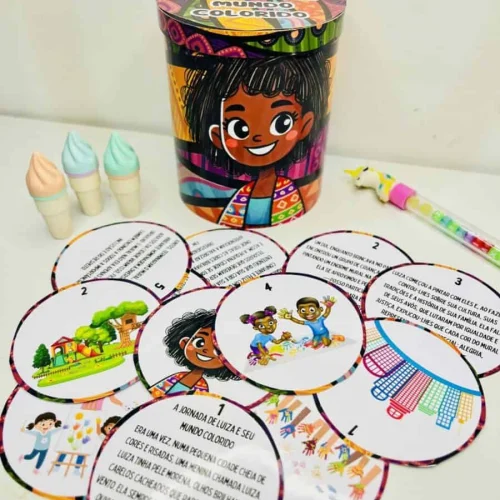 Material de atividades educativas com personagem infantil e jogos de leitura.