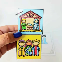 Figuras de Natal coloridas representando a história do nascimento de Jesus.