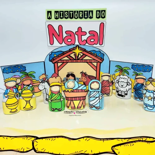 Cena do presépio com personagens do Natal em estilo ilustrativo.