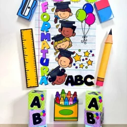 Material de formatura com desenhos de crianças e elementos escolares.