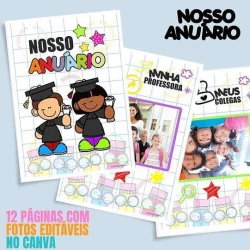 Imagem de anuário escolar com crianças e elementos coloridos.