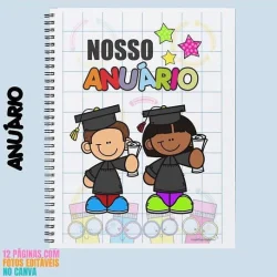 Capa de anuário escolar com crianças formadas, símbolo de conquista.