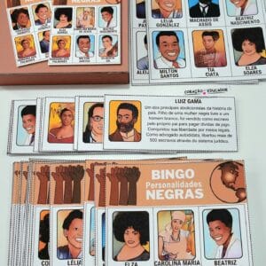 Fichas e bingo de personalidades negras brasileiras, recurso educativo para promover a consciência negra e o antirracismo em sala de aula.