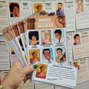 Fichas e bingo de personalidades negras brasileiras, recurso educativo para promover a consciência negra e o antirracismo em sala de aula.