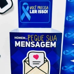 Campanha de conscientização sobre saúde masculina com símbolo de laço azul.