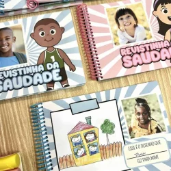 Revistinha da Saudade com desenhos e fotos de crianças.