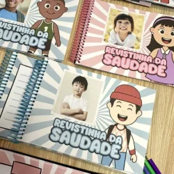 Cadernos de revisitação com desenhos e fotos de crianças, tema saudade.