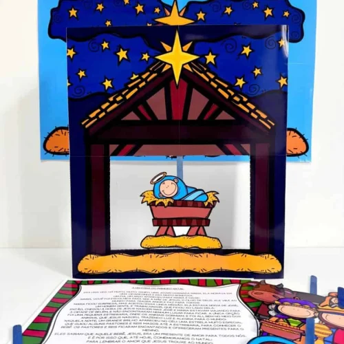 Presépio de Natal com estrela brilhante e figuras infantis.