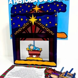 Teatro de Natal com personagens e cenário festivo.