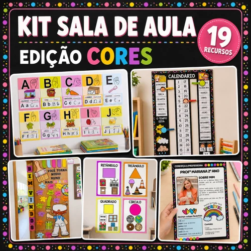 Material escolar colorido para sala de aula com recursos educativos.