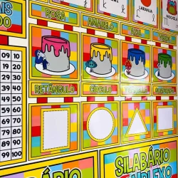 Quadro educativo com cores, formas e figuras para crianças.