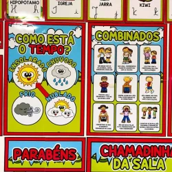 Cartazes educativos sobre clima, tempo e atividades em sala de aula.