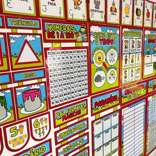 Quadro de atividades educativas com letras, números e figuras coloridas.