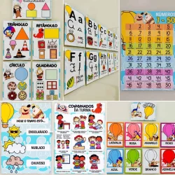 Materiais educativos com formas, cores e números para crianças.