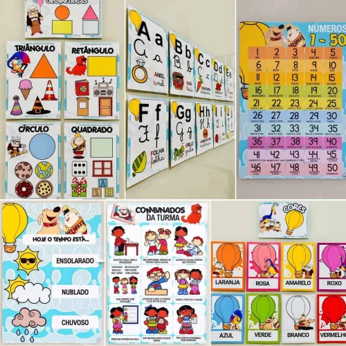 Materiais educativos com formas, cores e números para crianças.