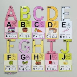Alfabeto de parede colorido com letras e desenhos para educação infantil.