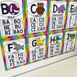 Quadro com letras do alfabeto e imagens ilustrativas para sala de aula.