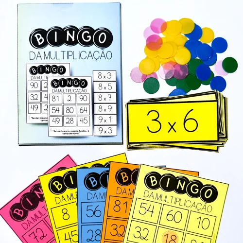 Cartelas de bingo de multiplicação para atividades educativas.