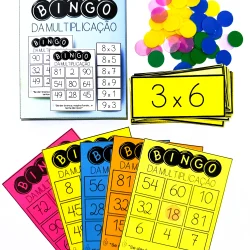 Cartelas de bingo da multiplicação com cores vibrantes e uma cartela de exemplo 3x6.