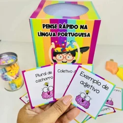 Jogo educativo para aprender português com cartas coloridas.