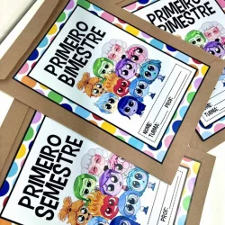 Capa de caderno colorida com personagens de desenhos animados para o primeiro bimestre.