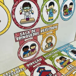 Placas de portas escolares com temas de sala de aula e atividades.