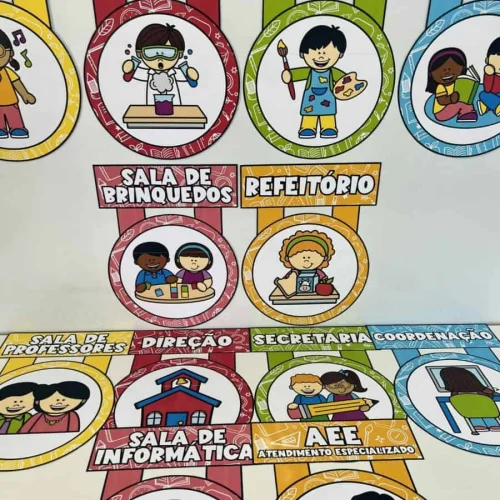 Placas de portas coloridas para diferentes ambientes escolares.
