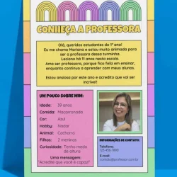 Imagem de uma cartaz com informações sobre a professora Mariana.