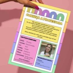 Informações sobre a professora, incluindo idade, hobbies e contato.