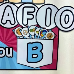 Material de atividades com letras A, F, I, O e B e imagens ilustrativas.