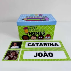 Jogo da memória com nomes e fotos de crianças para educação.