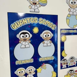 Painel infantil com personagens astronautas e tema de contagem.