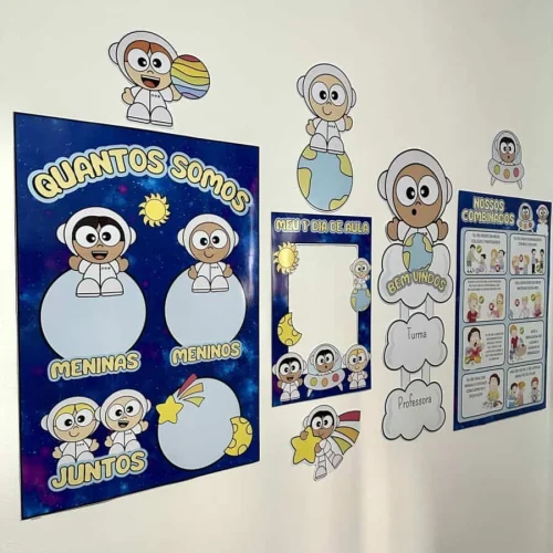 Painel de sala de aula com tema de astronautas e planetas.