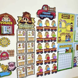 Recursos educativos com temas de geometria, números e calendário para crianças.