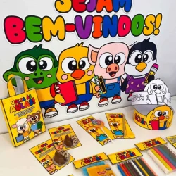 Material escolar e lembrancinhas para volta às aulas com tema de animais fofos.
