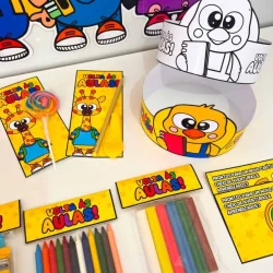 Material escolar e lembrancinhas para volta às aulas com tema infantil.
