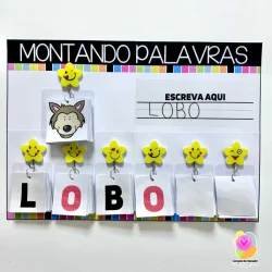 Atividade educativa de montar palavras com figuras de animais e letras.