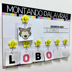 Atividade educativa para montar palavras com figuras de animais.
