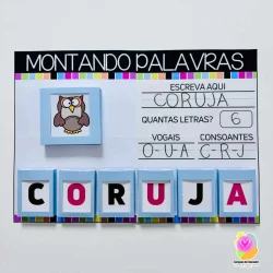Atividade de montar palavras com a palavra 'coruja' e letras coloridas.