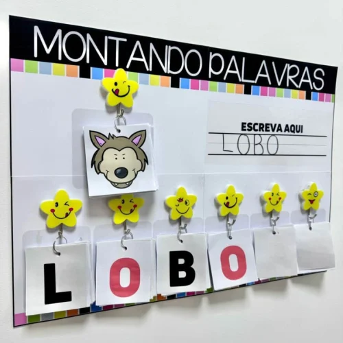 Atividade educativa para montar palavras com figuras de animais.