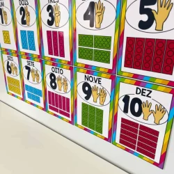 Cartazes coloridos com números de 1 a 10 para sala de aula.