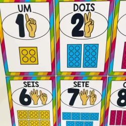 Cartazes de números de parede com dedos e cores vibrantes para ensino.