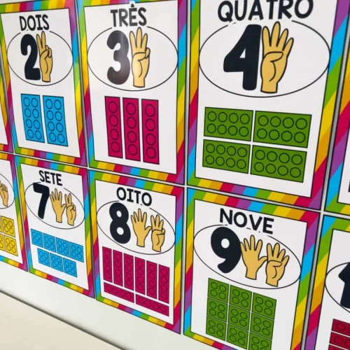 Cartazes coloridos com números de 2 a 9 e dedos representando cada um.