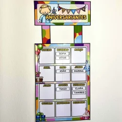 Painel de aniversariantes com meses e nomes em cores vibrantes.