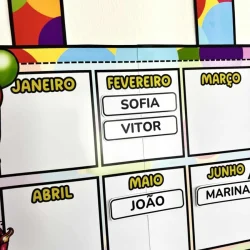 Painel de aniversariantes com nomes de alunos por mês.