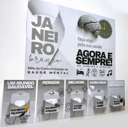 Painel informativo sobre saúde mental e conscientização Janeiro Branco.