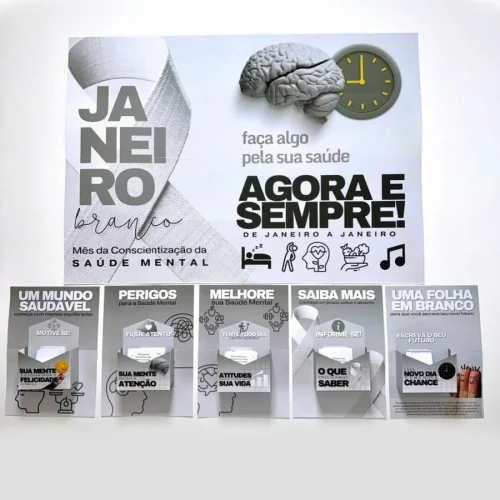 Painel informativo sobre saúde mental e conscientização.