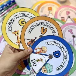 Roleta silábica com letras e imagens para ensino de sílabas.