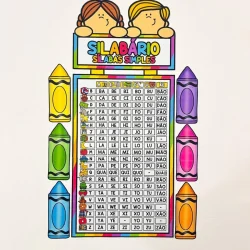 Silabário colorido com sílabas simples e desenhos de lápis e crianças.