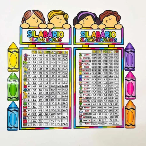 Silabário com crianças e sílabas simples e complexas para educação infantil.